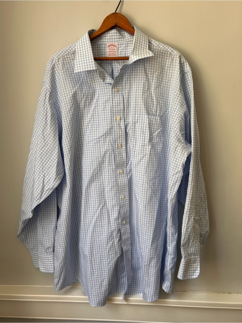 Brooks Brothers Shirt Blue Checkered Pattern Long Sleeve Dress Button Size 18-35